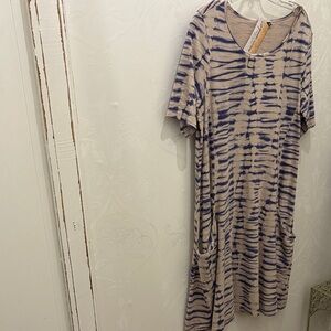 Blue and Tan batik print cotton s/s pocket Midi Dress. Pre -shrunk. NWT M, L